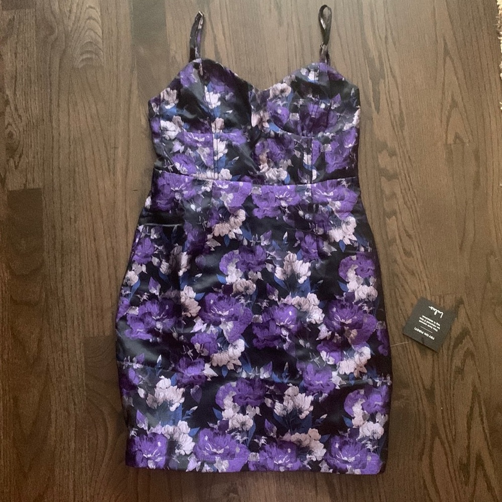 NEW! Lulus: Purple and Blue Floral Jacquard Bustier Mini Dress; Hoco +cute dress